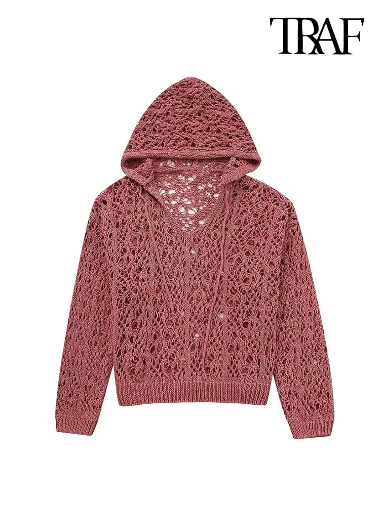 

TRAF Women Fashion With Drawstring Oversized Open-knit Sweater Sexy Long Sleeve Hooded Pullovers Chic Tops