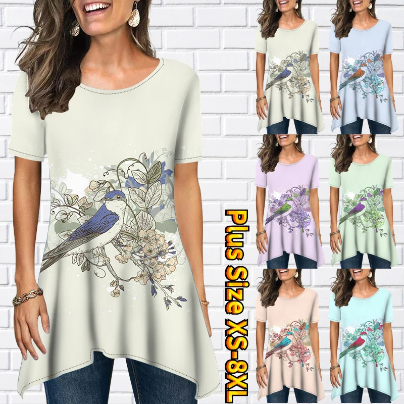 

New Ladies Summer Fashion Under the Open Sexy Short-sleeved T-shirt Round Neck Summer Loose Printed T-shirt Top XS-8XL