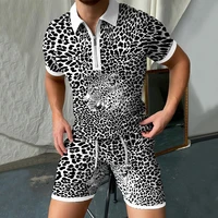 mens shirt shorts suit summer leopard head leopard print mens polo shirt beach business casual two piece new shirt shorts men