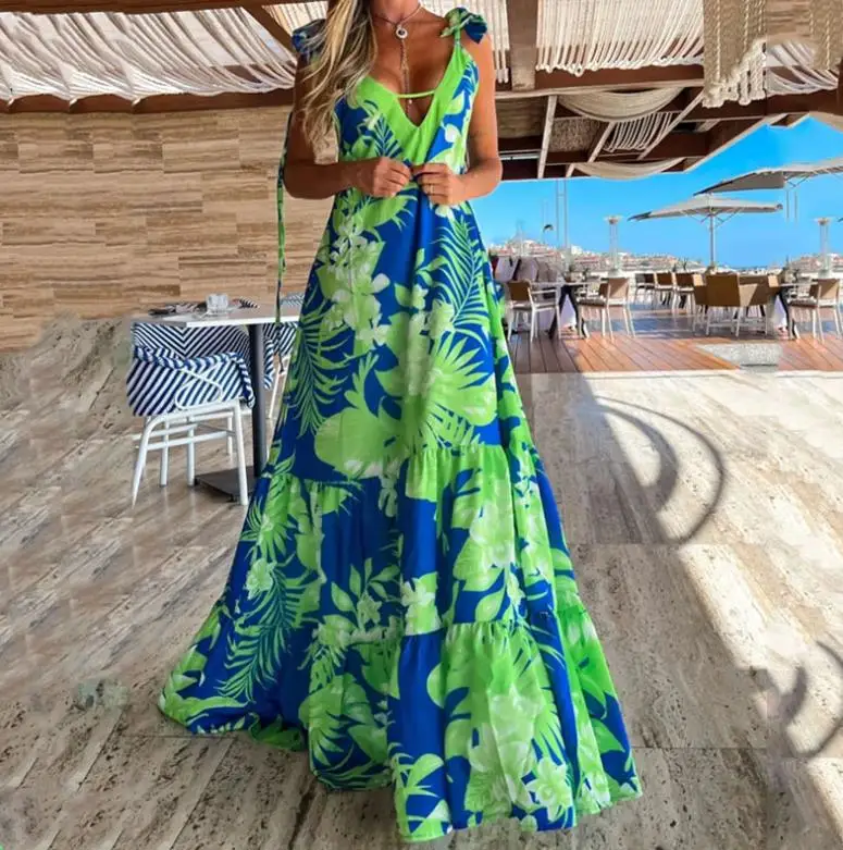 

Женское Повседневное платье с завышенной талией, длинное ТРАПЕЦИЕВИДНОЕ пляжное платье в европейском и американском стиле с V-образным вырезом и принтом, лето