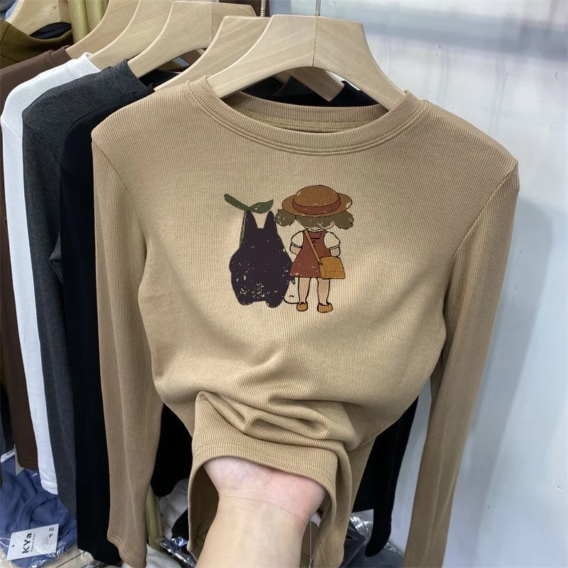 

Winter women print long sleeve T-shirt round neck slim underlay