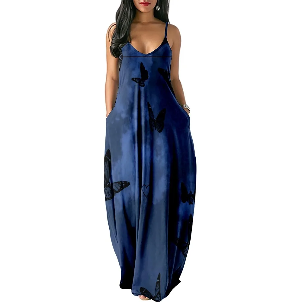 

Women's Party Blue Butterfly Print Sleeveless Dresses Sexy Summer Long Pullover Dress Woman Clothes Suspenders Robe Vestido