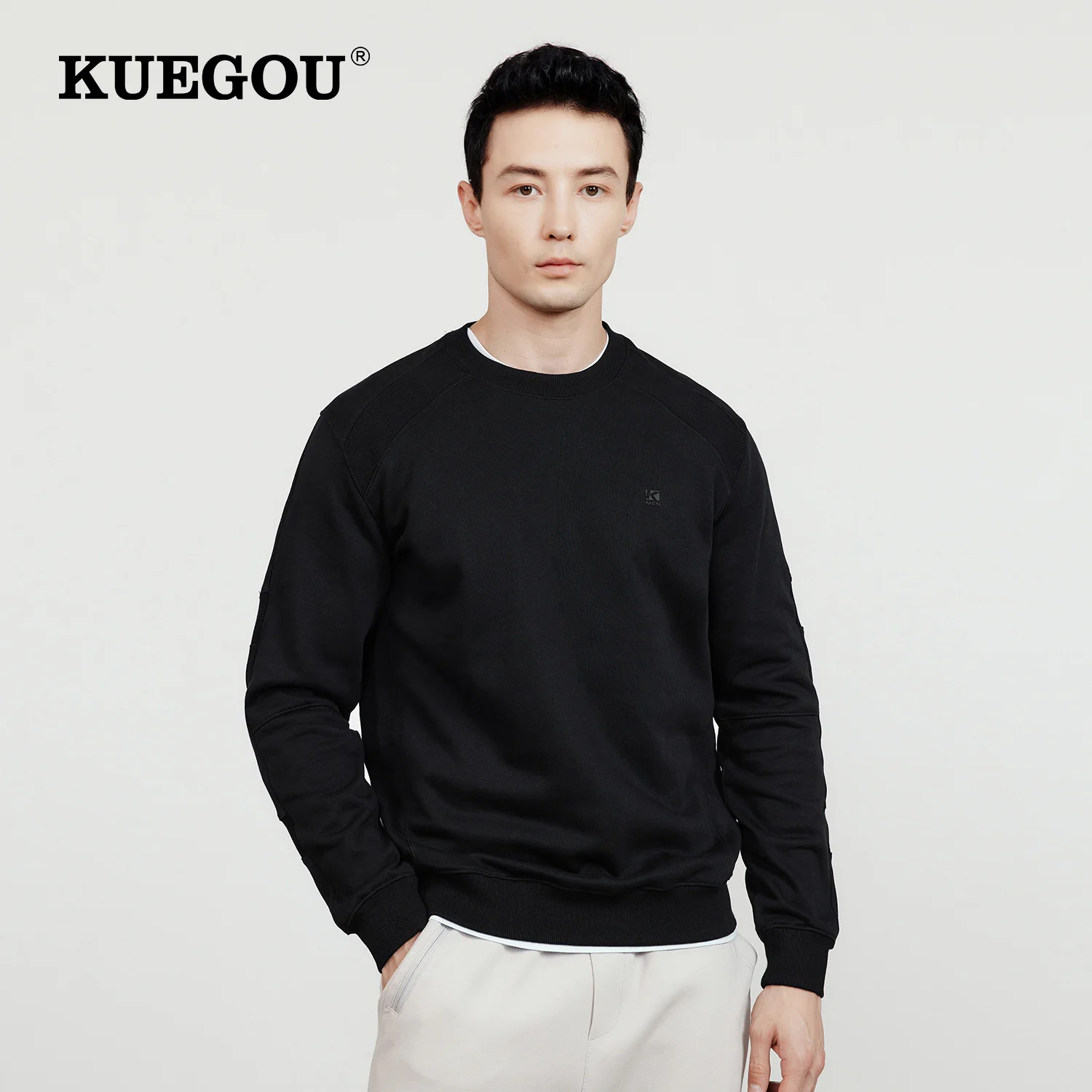 

KUEGOU 2021 Autumn Cotton Plain Print Black Sweatshirt Men Crewneck Slim Fashion For Male Streetwear Plus Size Clothing 60066