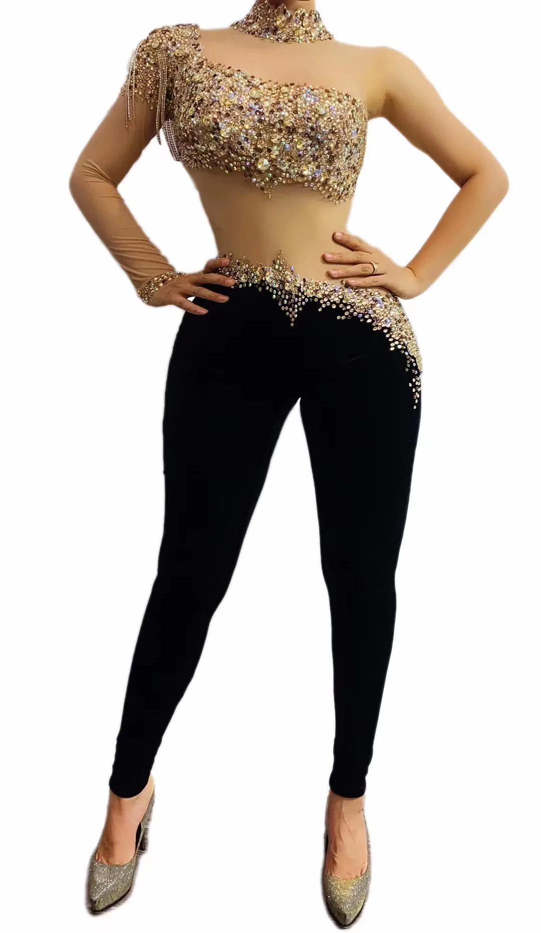 

MulticolorRhinestonesFringeTransparentSleeveJumpsuitBlackVelvetLeggings Одежда для танцев