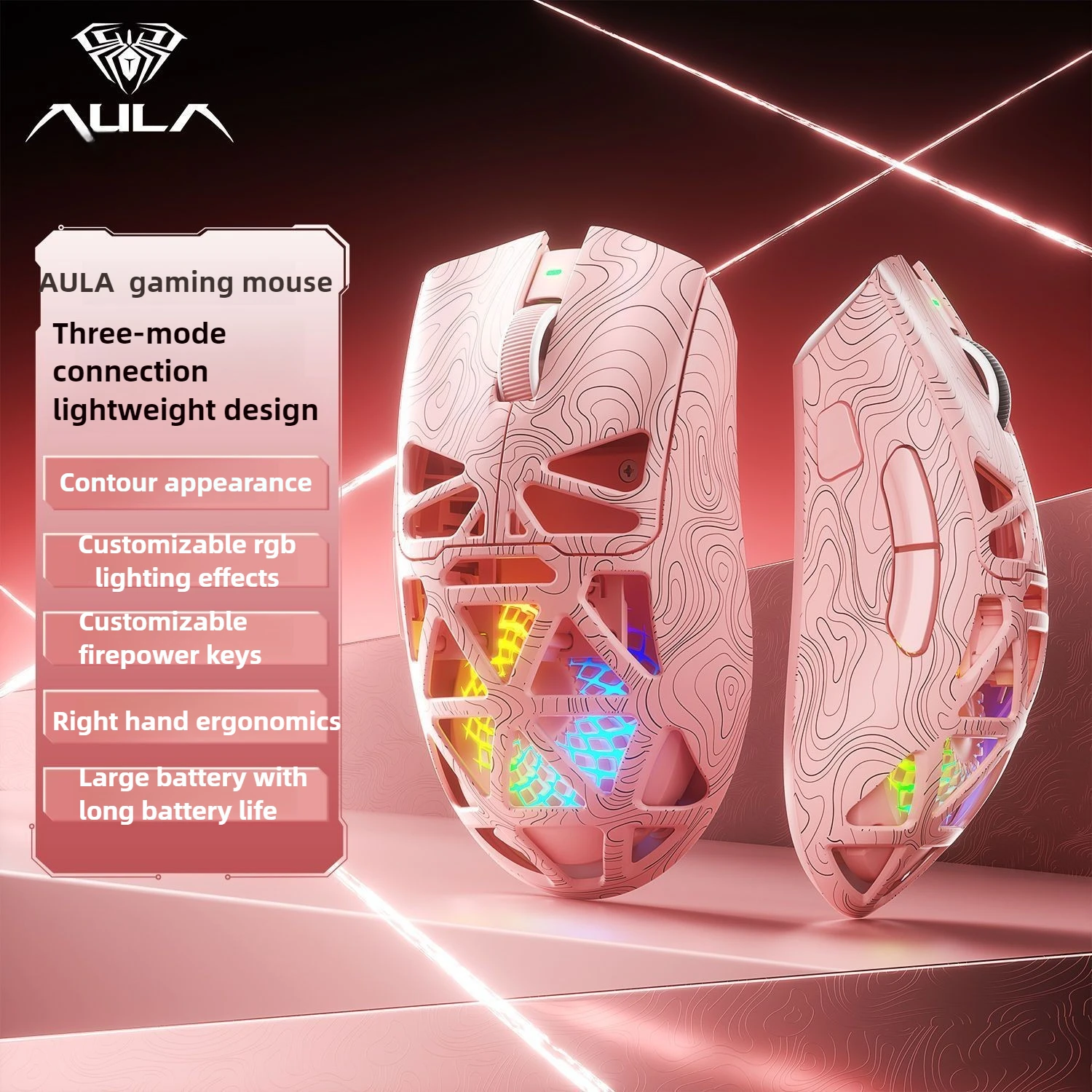 Фото Беспроводная мышь AULA Bluetooth 24G, проводная 3-режимная мышь RGB, полая легкая игровая мышь для киберспорта для настольных компьютеров, ноутбуков №1