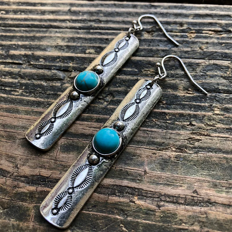 

Ethnic Round Inlaid Blue Stone Bohemian Earring Vintage Silver Color Metal Carving Pattern Hook Dangle Earring for Women Jewelry