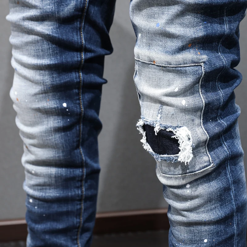 Fashion Streetwear Men Jeans Retro Blue Stretch Elastic Skinny Fit Ripped Jeans Men Patched Designer Hip Hop Denim Pants Hombre