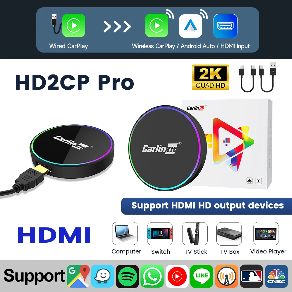 

2025 CarlinKit HD2CP Pro Беспроводной адаптер CarPlay на HDMI CarPlay Android auto 2K HDMI Вход Поддержка ТВ-палки Ноутбук ТВ-приставка 5.0