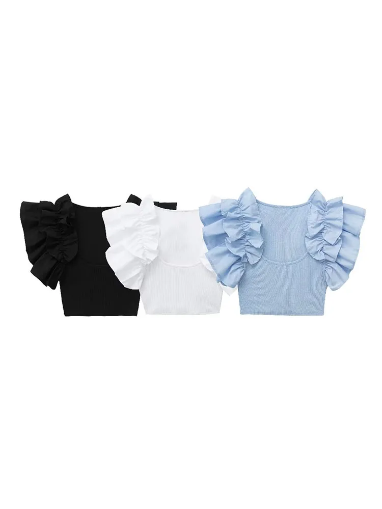 

Women 2023 Spring New Fashion Cropped Laminated Decorative Splicing Tank Tops Vintage O Neck Sleeveless Female Camis Chic Tops