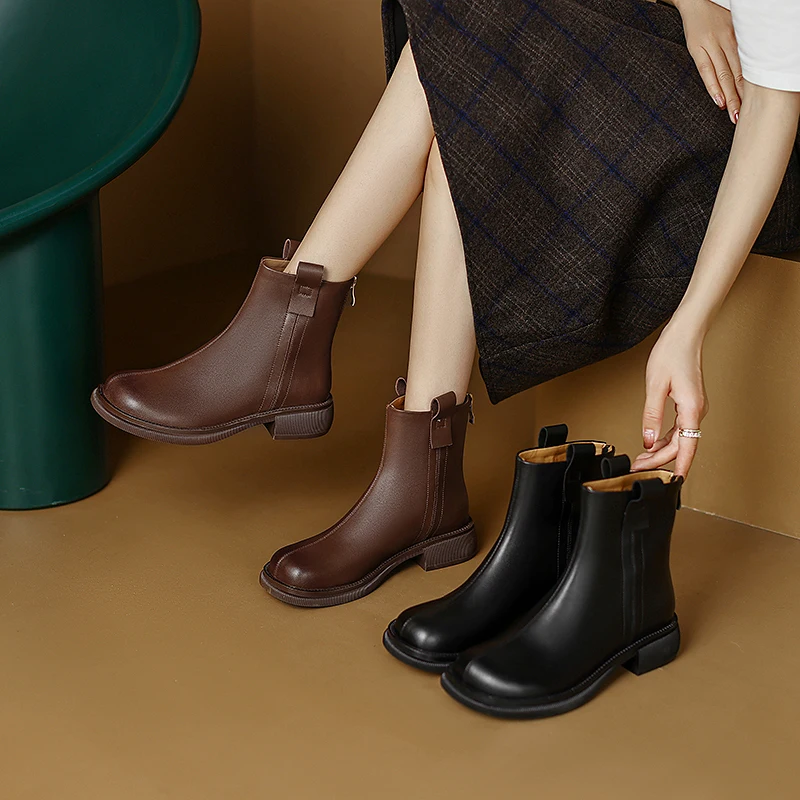 

2022 new Autumn and winter Women ankle boots natural leather plus size 22-26.5cm cowhide upper back zipper platform boots