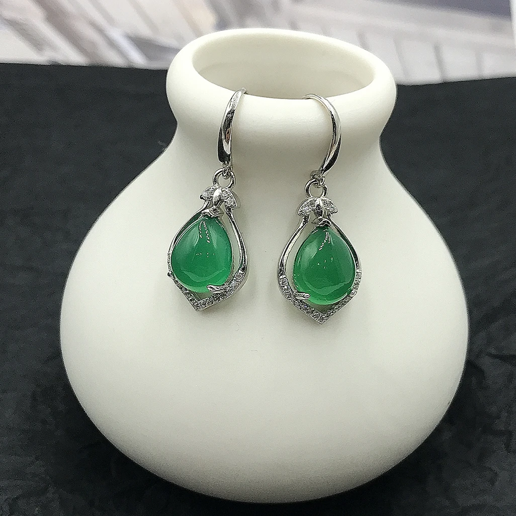 

Luxury 925 Real Silver Green Chalcedony Drop Earrings for Women Party Eardrop Trendy Fashion Fine Jewelry Gifts for Girls JZ602