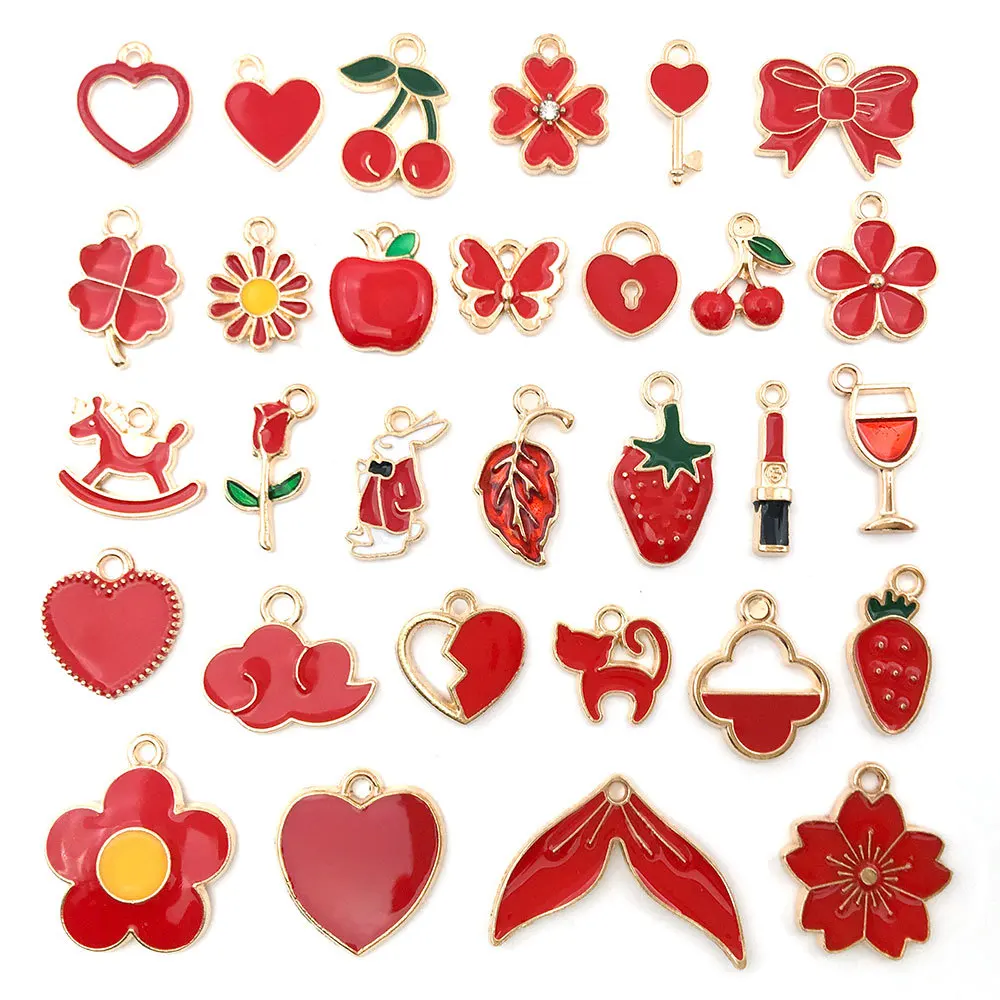 

30pcs Red Flowers Charm Alloy Gold Metal Enamel Heart Unicorn Rose Charms Pendants For Jewelry Making Handmade Craft Accessories