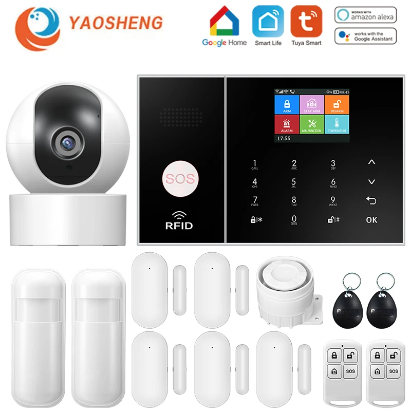 

Система охранной сигнализации YAOSHENG Tuya, Wi-Fi Gsm, работает с Alexa Home, с датчиком движения, датчиком дыма, дверей, окон, IP-камерой