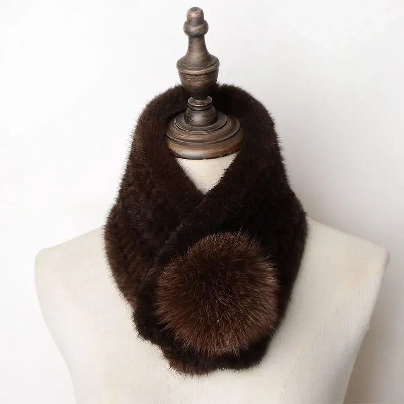 Норковый шарф из меха тканый женский зимний крест открытый