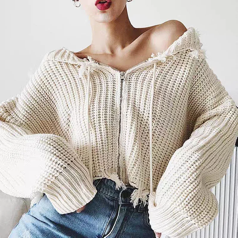

Casual Tassel Hooded Knitted Sweater Women Zipper Loose Cropped Cardigans 2021 Winter Coat Cool Gilrs Streetwear Jumper Fashion