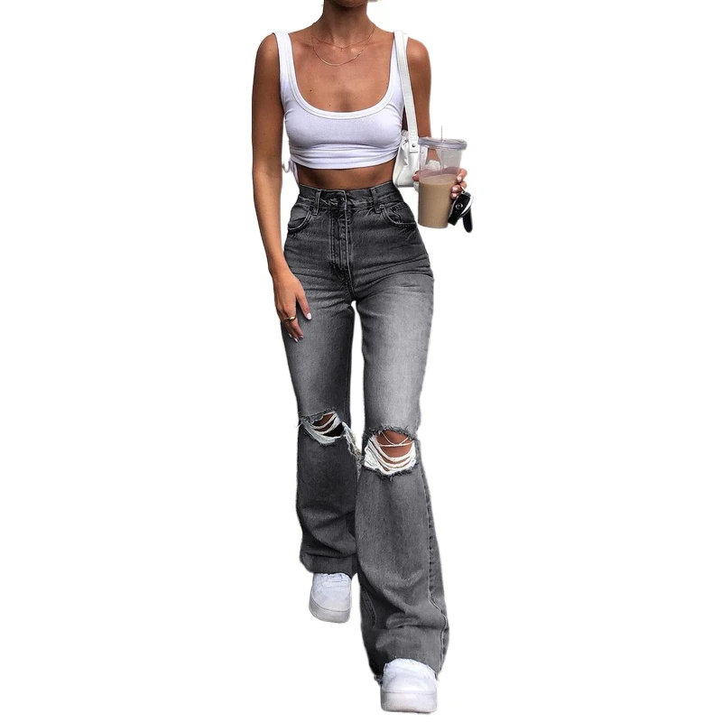 

Vintage Jeans Women 90S Streetwear Ripped Hole Wide Leg Cargo Pants Low Waist Straight Denim Trouser Pantalones Flare Para Mujer