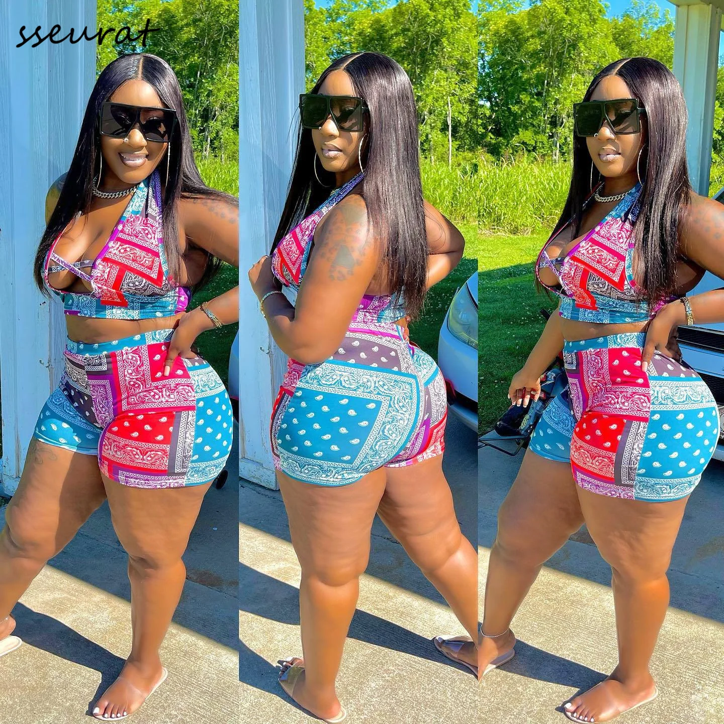 

Летний сексуальный женский комплект из двух предметов с принтом, укороченный топ без рукавов с лямкой на шее, велосипедные шорты, спортивны...