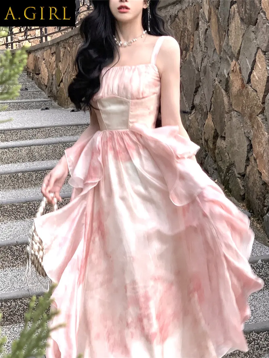

A GIRLS Midi Halter Dress Women Elegant Summer New Sleeveless Evening Party Ladies Vestidos Vintage French Female Clothes