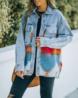 Women's Autumn and Winter Lapel Pocket Denim Stitching Loose Long Sleeve Vintage Single Breasted Fashion Jacket