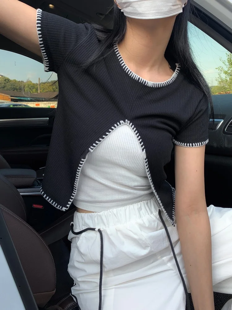 

Футболка женская с круглым вырезом, модный топ контрастной расцветки с графическим принтом, с разрезом, в Корейском стиле, уличная одежда в ...