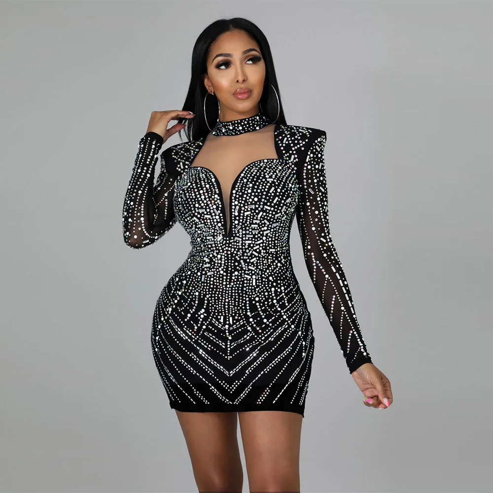 

Luxury Dresses Women Designer Party Fashion Glitter Rhinestone Stretchy Female Long Sleeve Tight Night Club Sexy Mesh Midi Dress