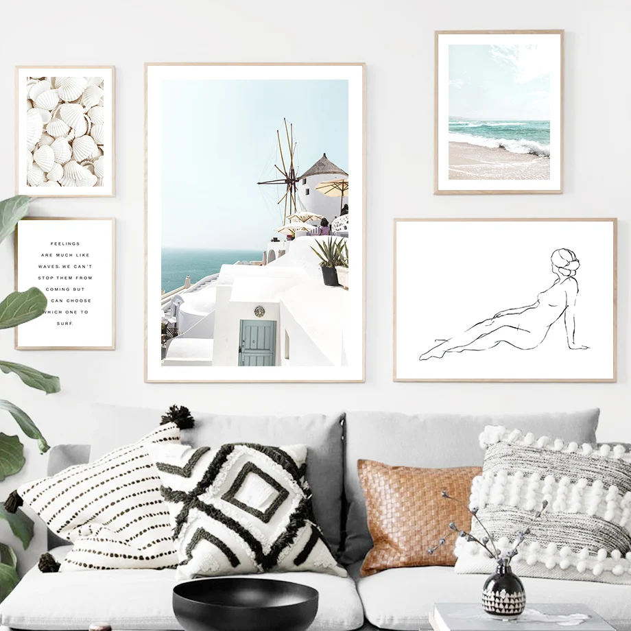 Санторини Греция пляж ракушки абстрактная девушка линии стены Искусство Холст