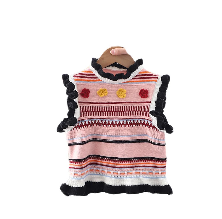 

2022 Spring Autumn Kid Clothes Children Clothes Sleeveless Knitted 3D Floral Stripes Sweater Girl Top