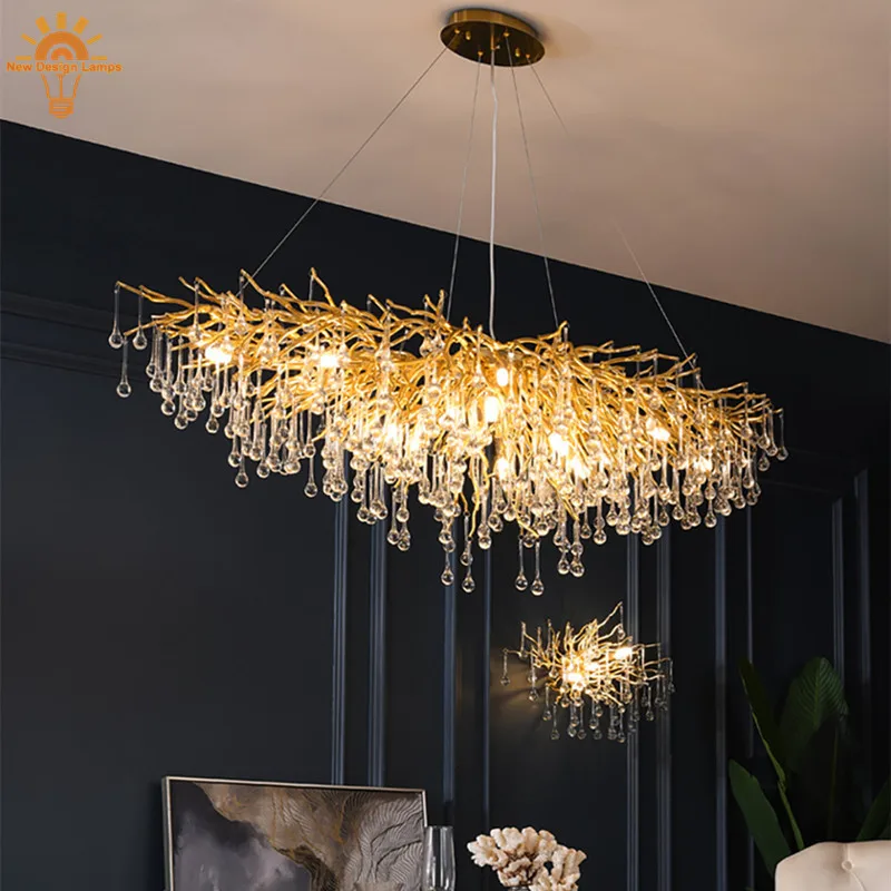 

Rectangular Chrome Chandelier Lighting Modern Crystal Chandelier Kitchen Foyer High Ceiling Pendant Raindrops Long Hanging Lamp