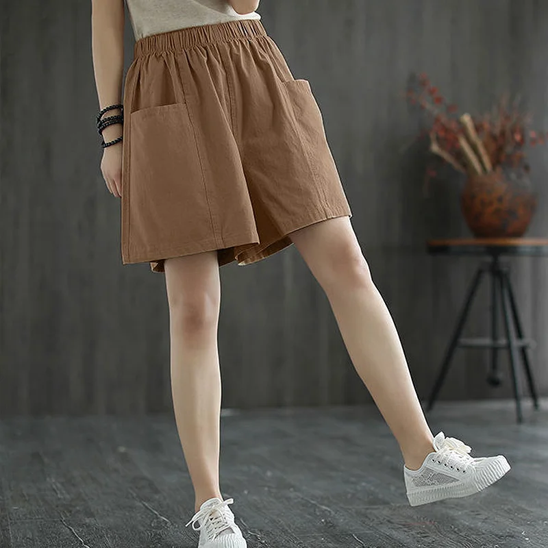Women Casual Straight Pant Wide Leg Elastic Waist Solid Color Big Pockets Baggy Shorts Soft Loose Basic Fashion