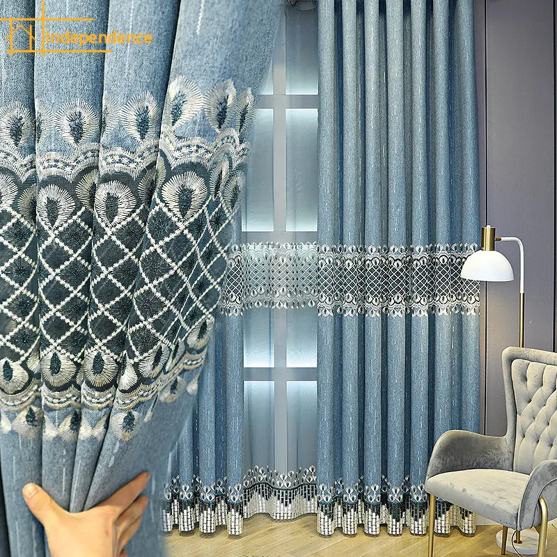 

Blue Hollowed Out Design Embroidered Jacquard Curtains for Living Room Bedroom Embroidered Window Screen Balcony Bay Window