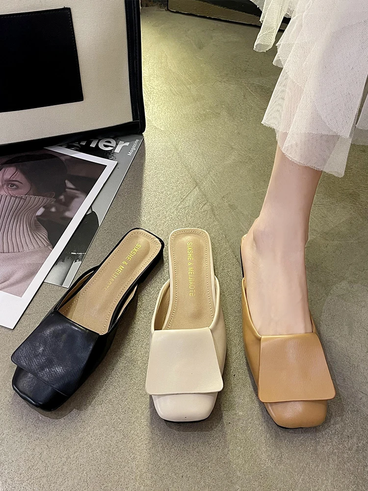 

Flat Shoes Female Woman's Slippers Loafers Square Toe Mules Sexy Low Slides 2023 Cover Retro Rome Rubber Fabric PU Basic