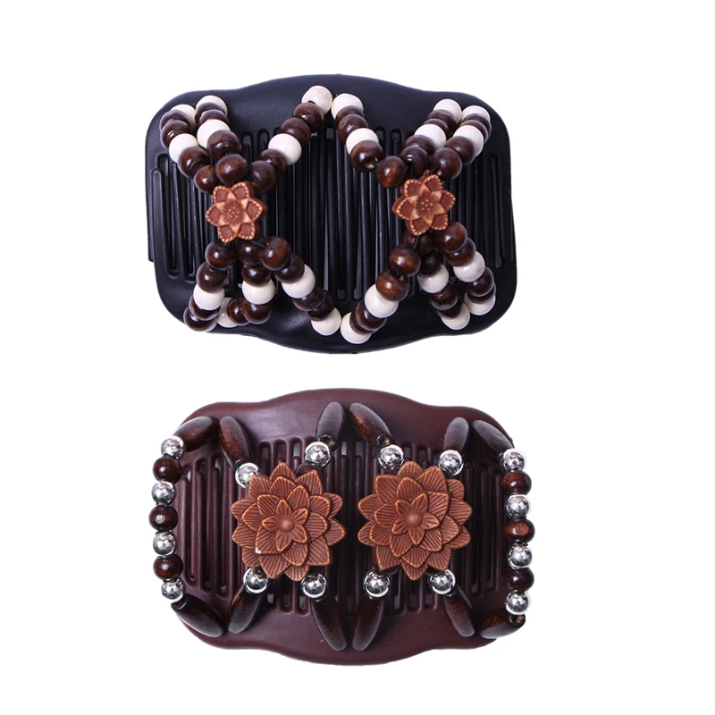 

2X Double Beaded Hair Magic Comb Clip Beads Elasticity Hairpin Stretchy Hair Combs For Women Hair Accessories Yellow Yellow Brow
