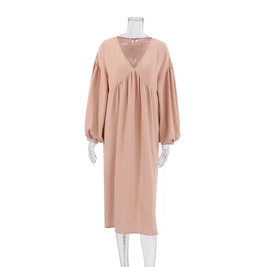 QWEEK Gauze Night Dress Women Casual Loose V Neck Keen-length Nightdress Sexy Sleepwear Bishop Sleeve Cotton Nightwear