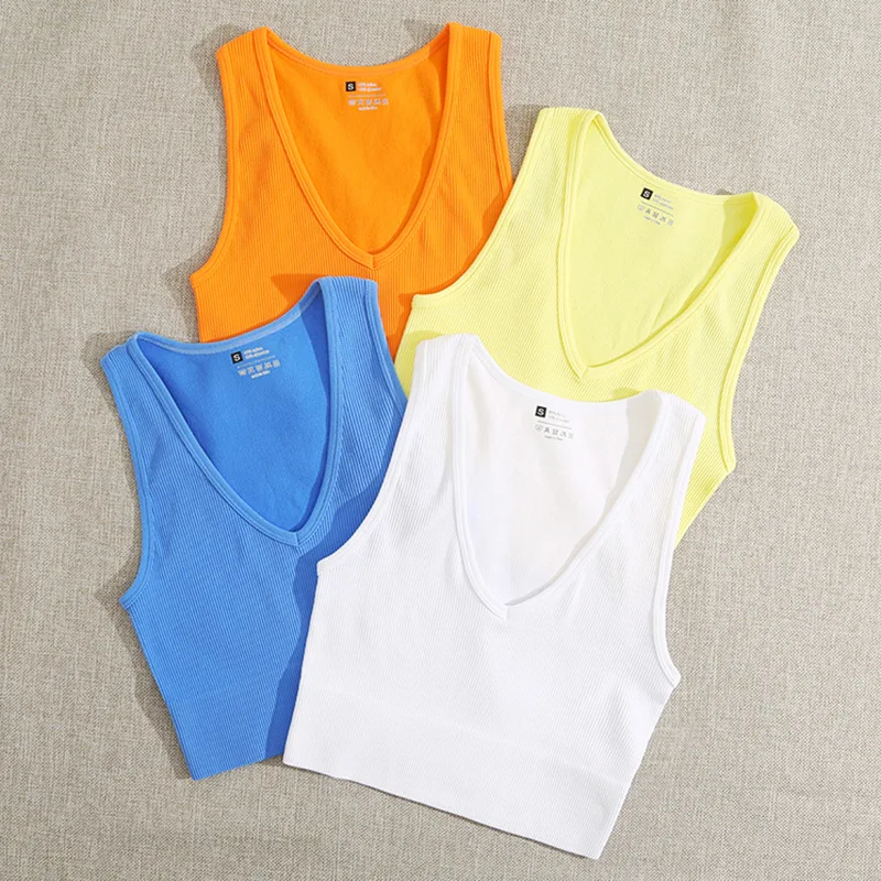

10 Colors Seamless Crop Top Women Sexy Vest V-neck Soft Camisole Rib-Knit Sleeveless Elastic Casual Tank Tops Female Without Pad