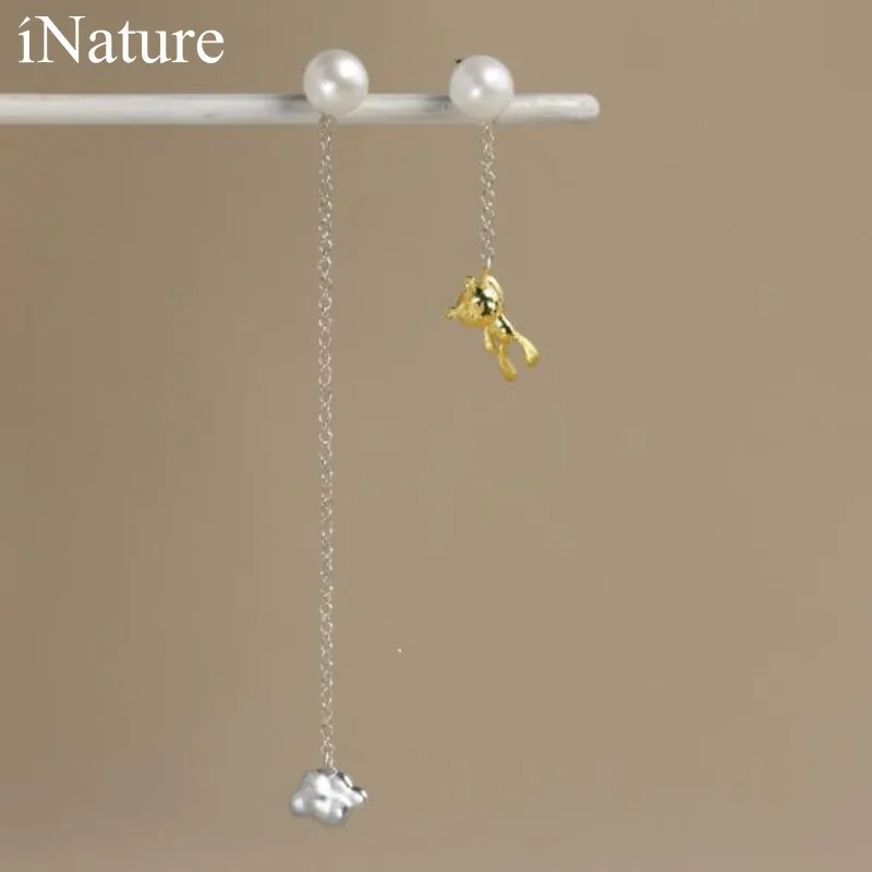 

iNature 925 Sterling Silver Cute Cloud Bear Asymmetric Drop Earrings for Women Natural Pearl Jewelry Gift