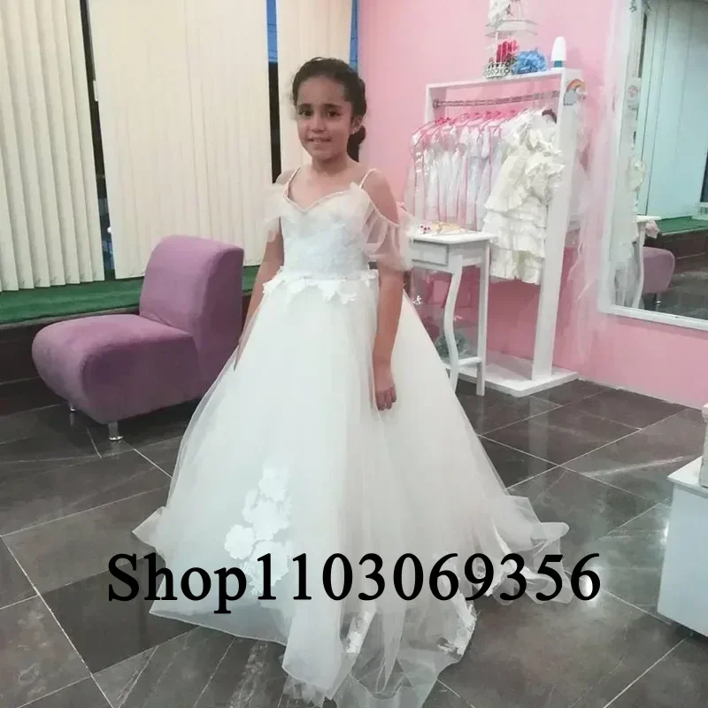 Custom Made Flower Girl Dress Off Shoulders with Tulle Lace Shawl Princess Baby Birthday Party First Communion Wedding Gown