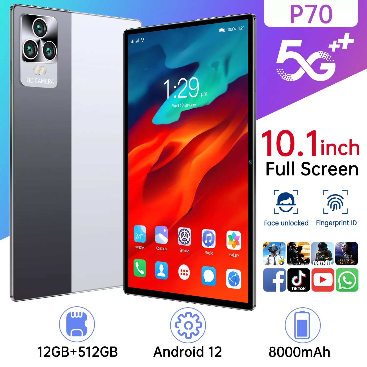 

10,1-дюймовый планшет Android 12 P70, 10,1 ГБ, Qualcomm 512, 870 мАч