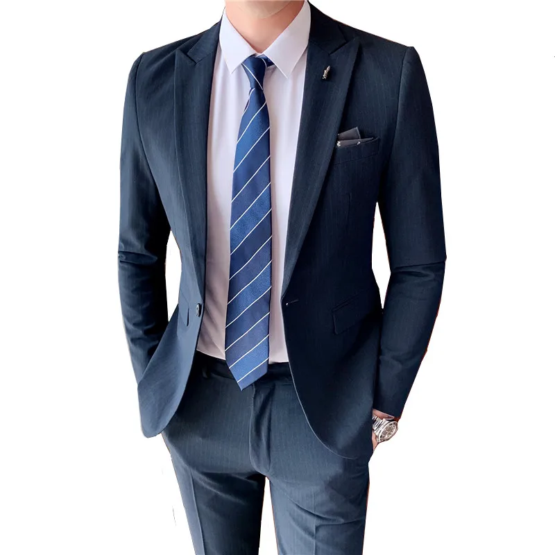 

Blazer Pants Stylish British Style Slim Fit Suit Men's Business Stripe High End Banquet Jacket Coat Trousers Two Piece Set