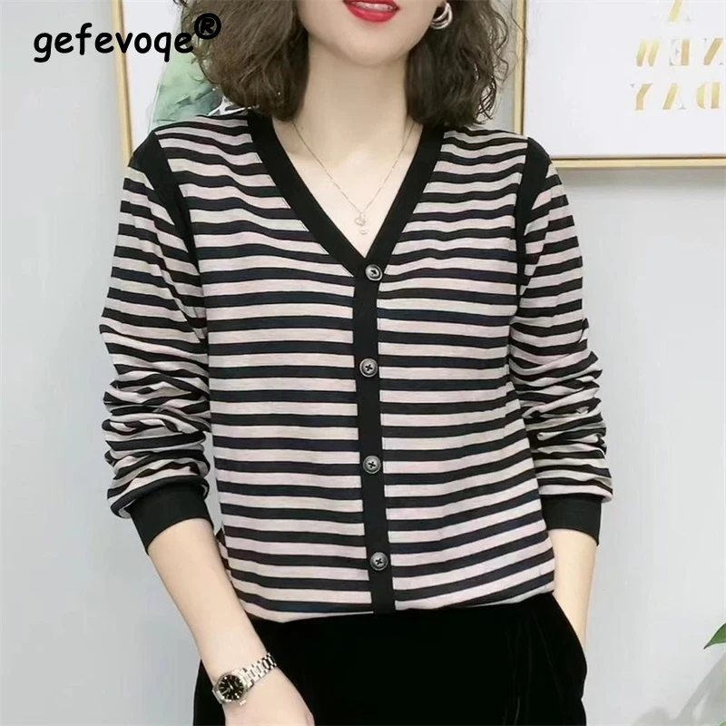 Купи Elegant Fashion Stripe Print Long Sleeve Spring Autumn Women's Clothing Single-breasted Loose Casual V Neck Cardigan Tops Female за 1,186 рублей в магазине AliExpress