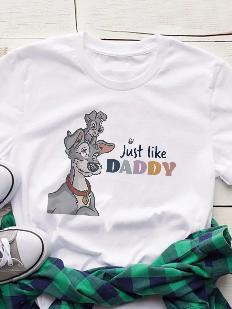 

Women Lady and The Tramp Disney New T-Shirt Funny Just Like Daddy Letter Print Tshirt Cartoon Cute O-Neck T Shirt