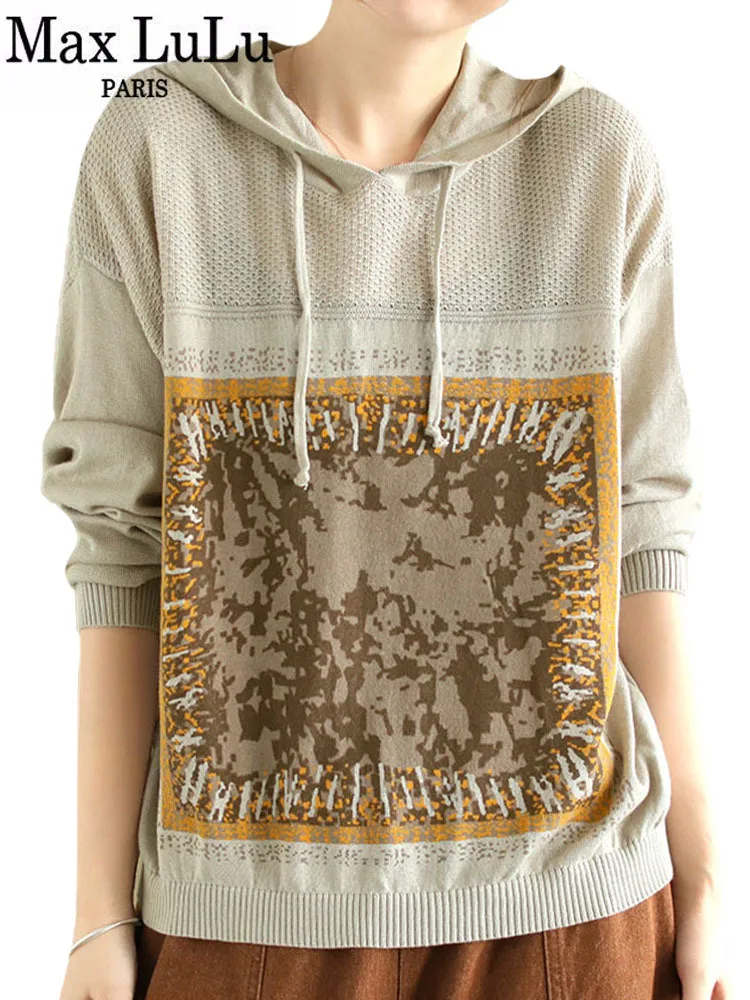

Женский свободный свитер Max LuLu, повседневный теплый пуловер с капюшоном и принтом, винтажный вязаный хлопковый джемпер, осень 2022