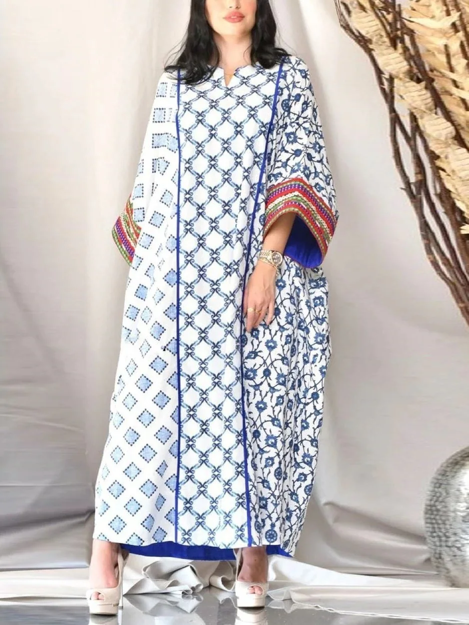 

Women Dress Summer Spring Blue Striped Print Loose Mid Waist Long Sleeve Crew Neck Ankle Breathable Casual A-Line Robe