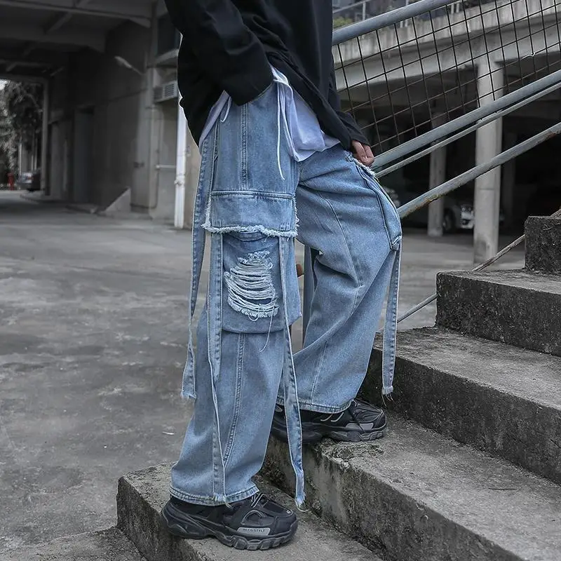 Джинсы-багги мужские рваные мешковатые брюки из денима брюки-карго в стиле панк и