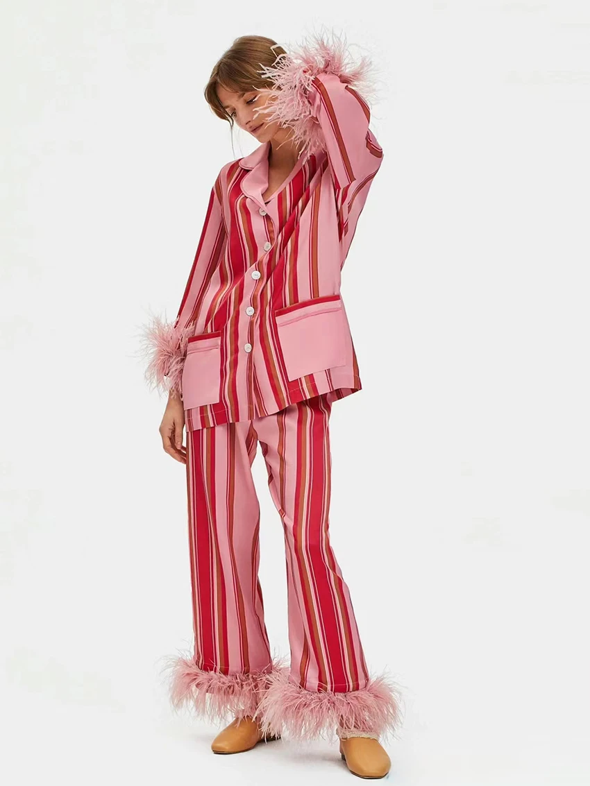 Marthaqiqi Модный женский Пижамный костюм с перьями Пижама отложным воротником