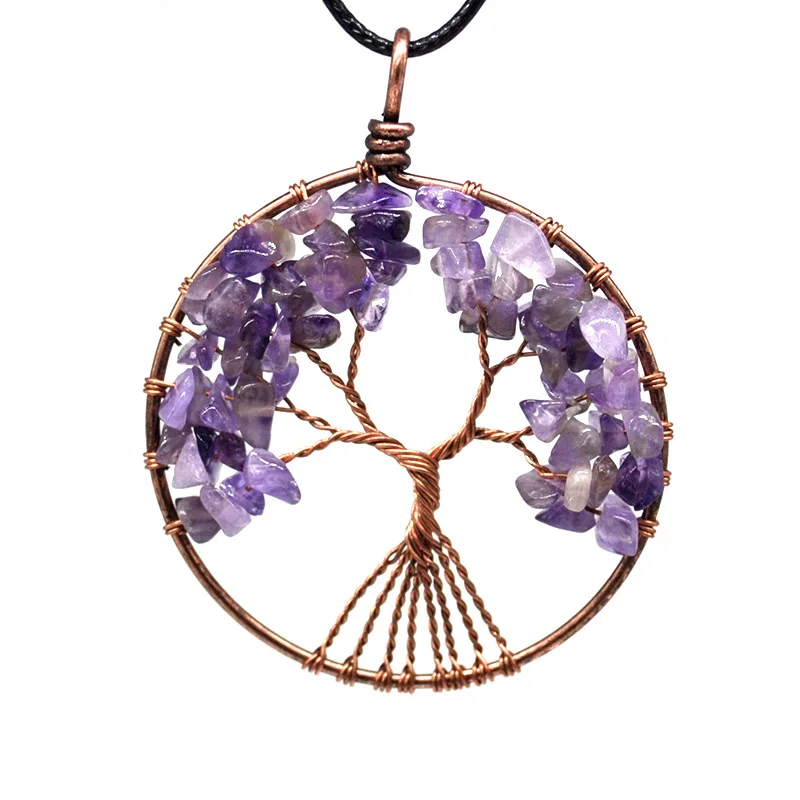 

Hand-woven Retro Tree of Life Necklace With Bronze Wire For Women Reiki Healing 7 Chakra Natural Crystal Gravel Pendant Jewelry