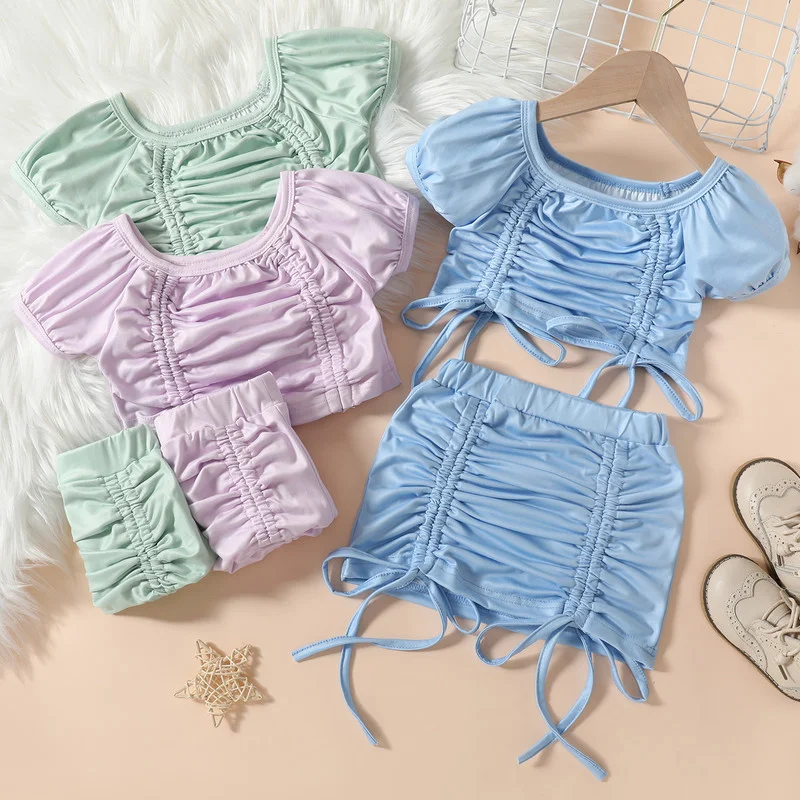 

Little Girls Two-piece Outfits Sets Solid Color Tie-up Straps Pleated Clothes Suit Puff Sleeve Crop Tops Elastic Waist Skirt
