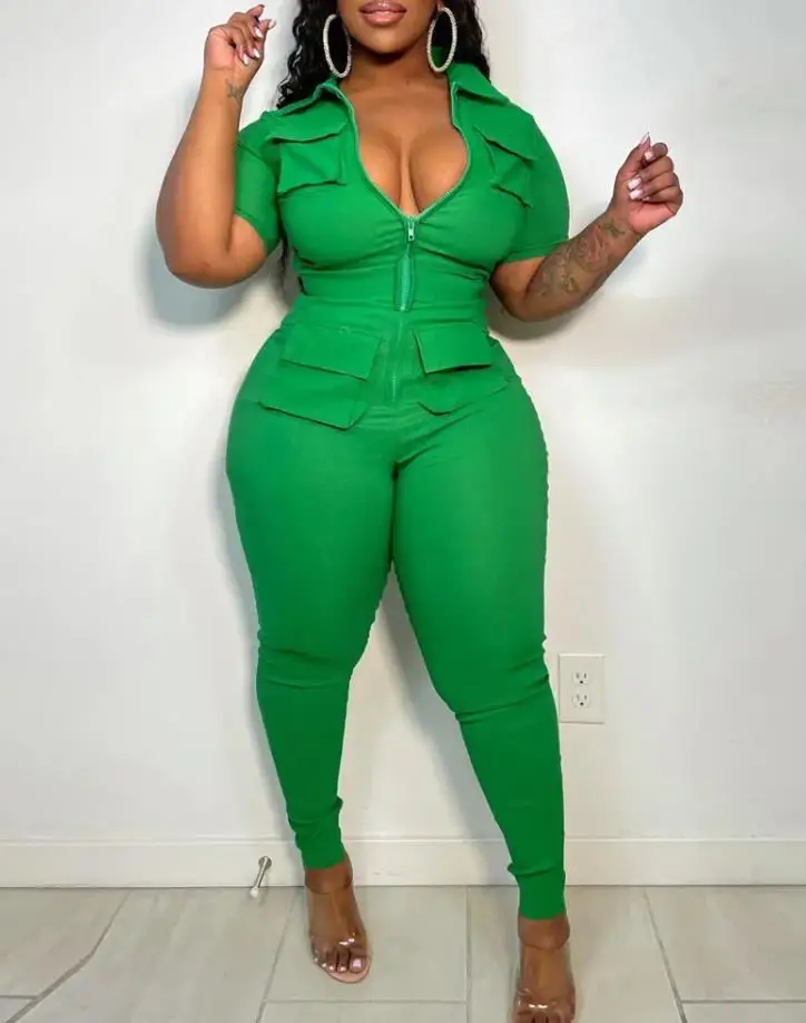 New Woman Summer Jumpsuits Plus Size Pocket Zip Front Playsuit Sexy Sleeveless Skinny Bodysuit Casual Daily Outfit Streetwear