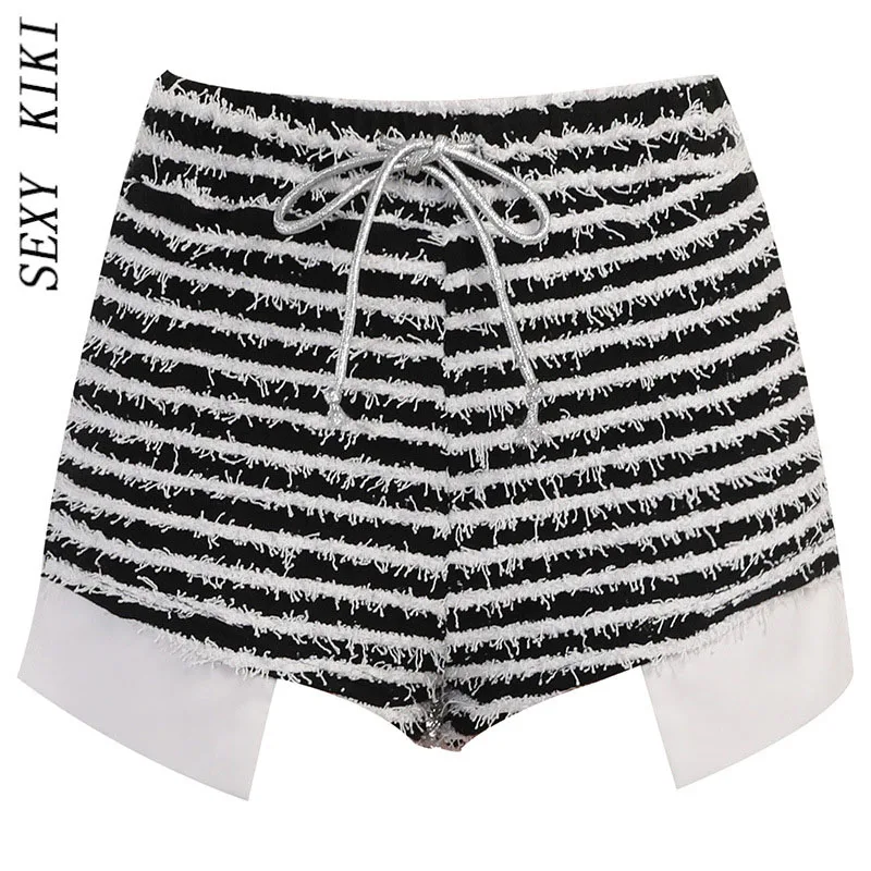 2022 autumn new texture striped drawstring high waist super shorts sexy fashion babes casual all-match pants women