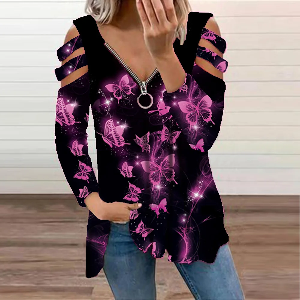 

Printed Sexy Off-shoulder Long-sleeved T-shirt Hollow Zipper V-neck Top 2022 Spring and Autumn New Clothing Women