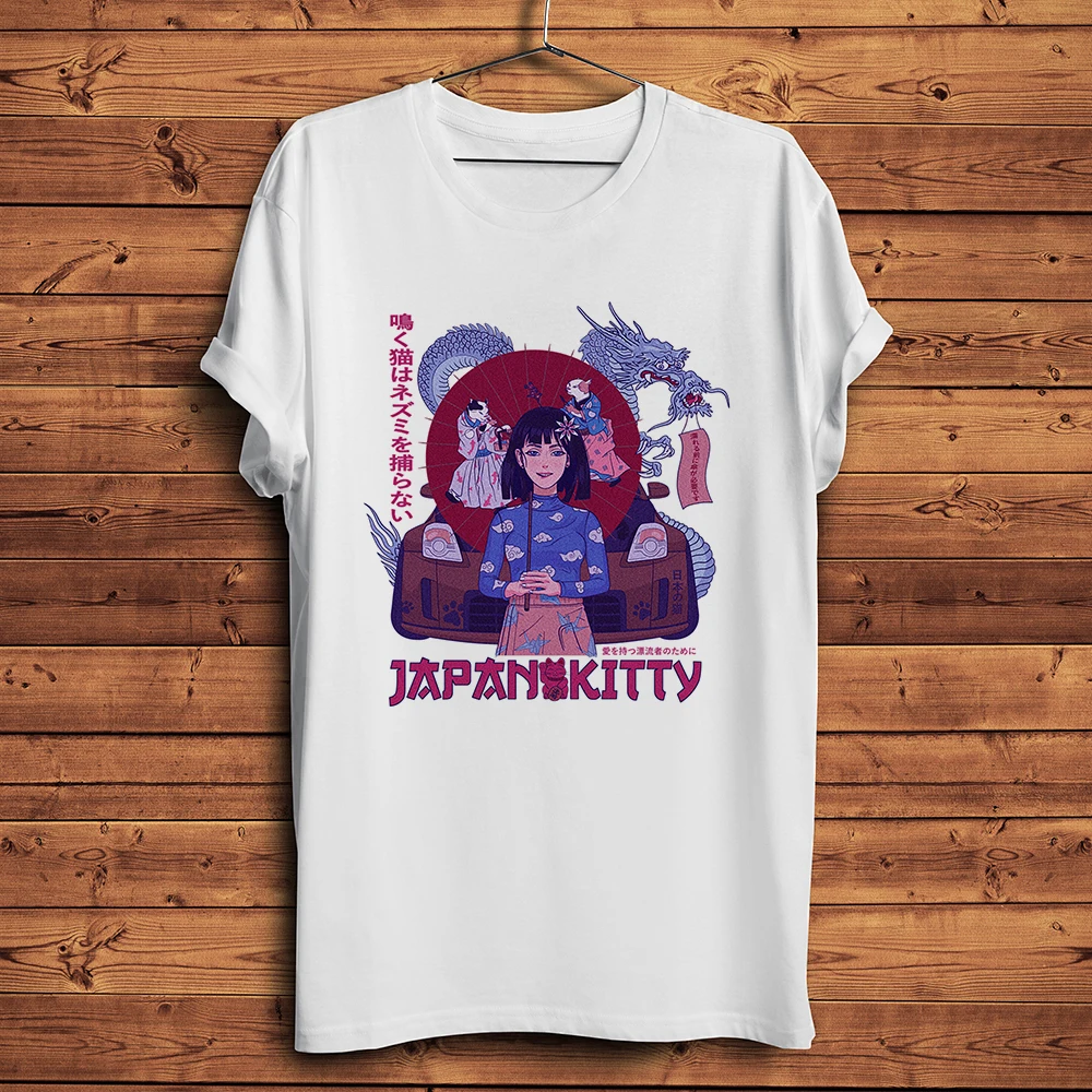 

Японская винтажная забавная аниме футболка Ukiyoe Neko JDM Gtr AE86 Kitty Girl, хлопковая Повседневная футболка с коротким рукавом, уличная футболка унисе...